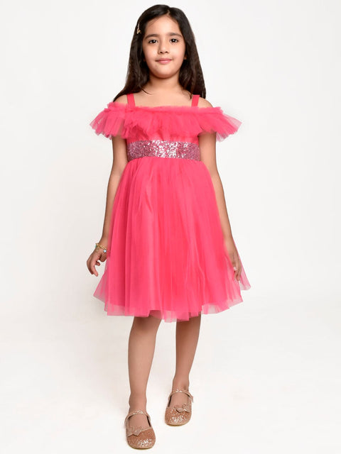 Neon Pink sequance  embelished Net Partywear Dress
