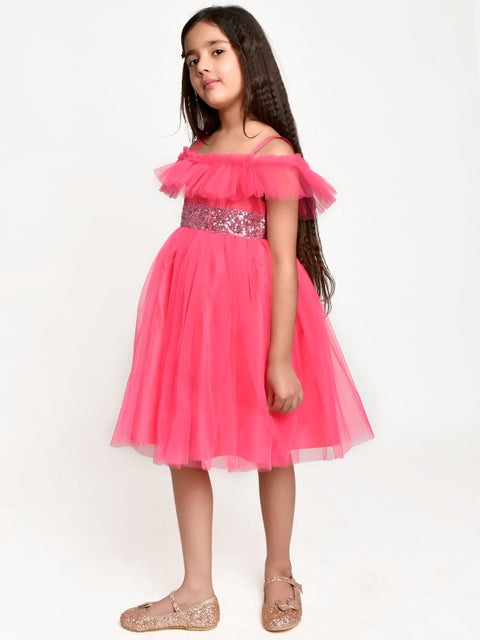Neon Pink sequance  embelished Net Partywear Dress