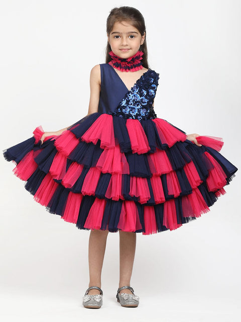 Pink & Navy Sequance Flared dress