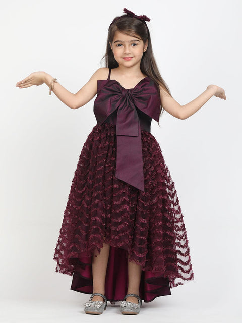 Wine Asymtric Gown With Big Bow