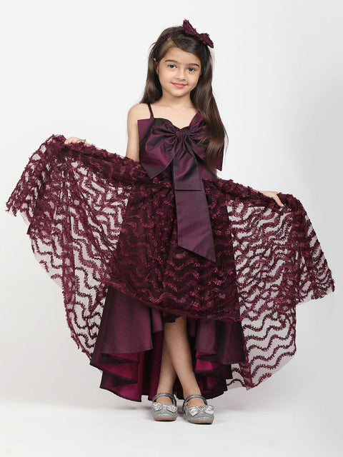 Wine Asymtric Gown With Big Bow