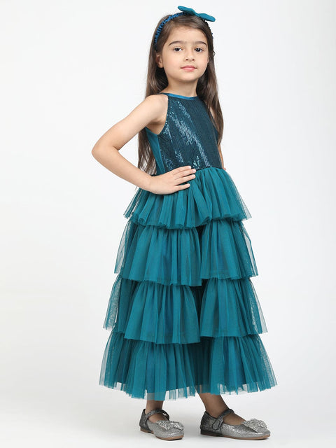 Layered Gown with sequence torse & hair band -Teal