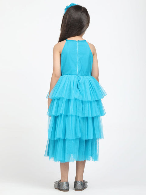 Layered Dress with Neck Pearl & hair band -Blue