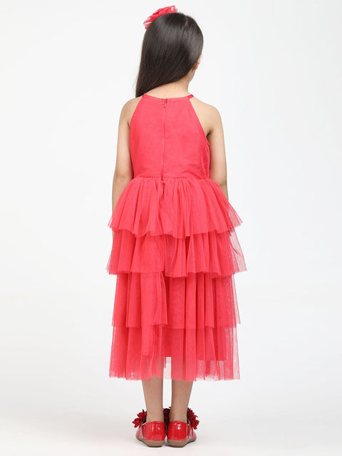 Layered Dress with Neck Pearl & hair band -coral pink