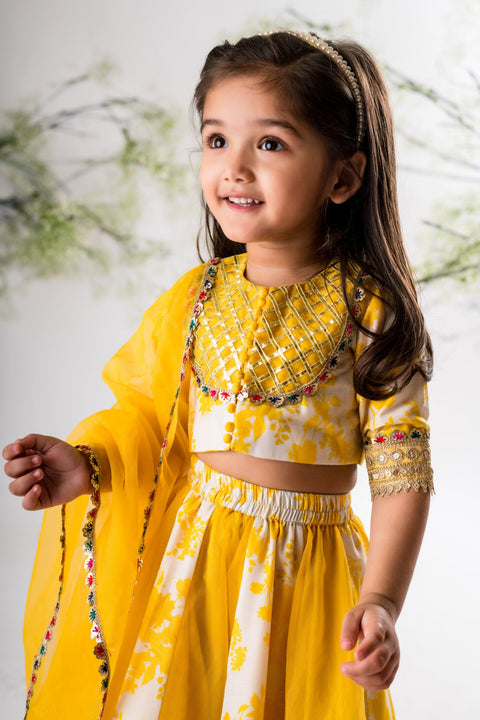 Pre-Order: Yellow Floral Printed Ghaghra Set