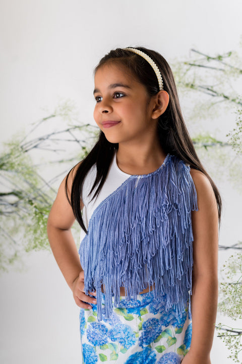Pre-Order: Blue Fringe Top with Floral Printed Pant