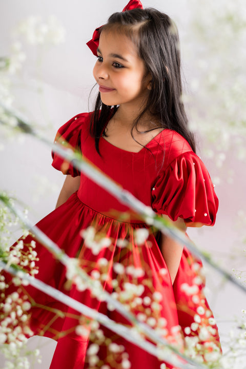 Pre-Order: Red Pearl Embroidered Dress