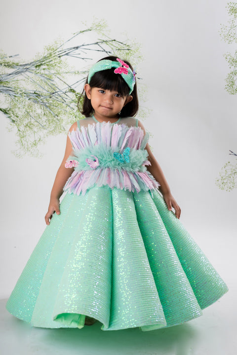 Pre-Order:  Sea Green Feather Structured Gown