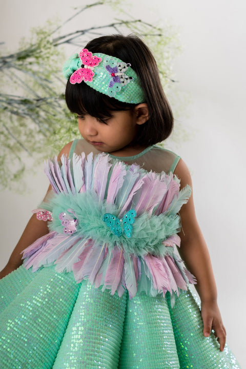 Pre-Order:  Sea Green Feather Structured Gown