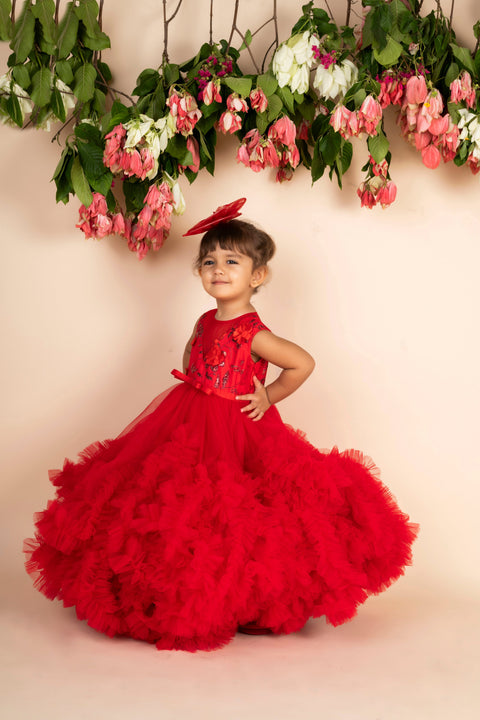 Pre-Order:  Red 3D Flower  Ruffled gown