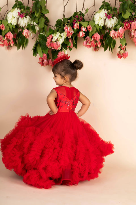 Pre-Order:  Red 3D Flower  Ruffled gown