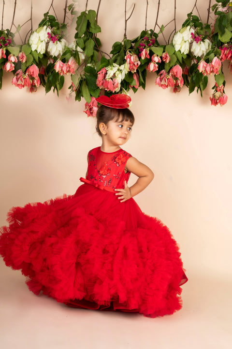 Pre-Order:  Red 3D Flower  Ruffled gown