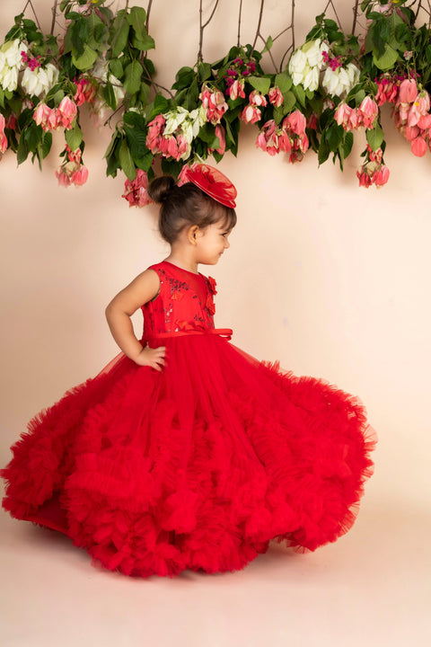 Pre-Order:  Red 3D Flower  Ruffled gown