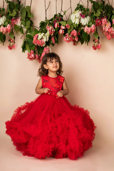 Pre-Order:  Red 3D Flower  Ruffled gown