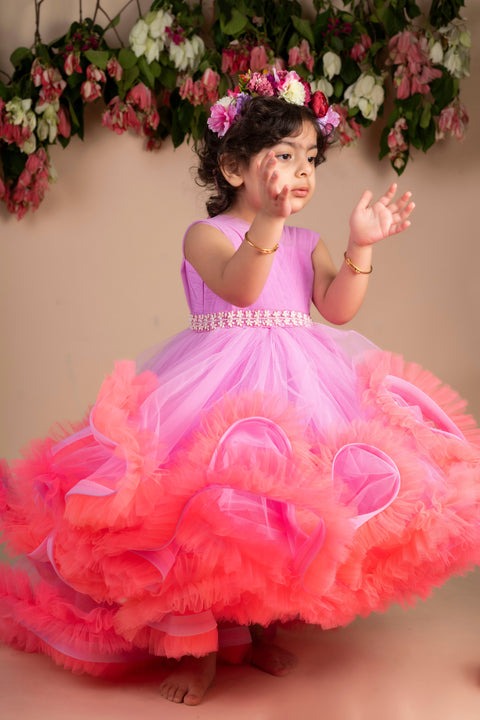 Pre-Order:  Lavender Peach Ruffled High Low Gown