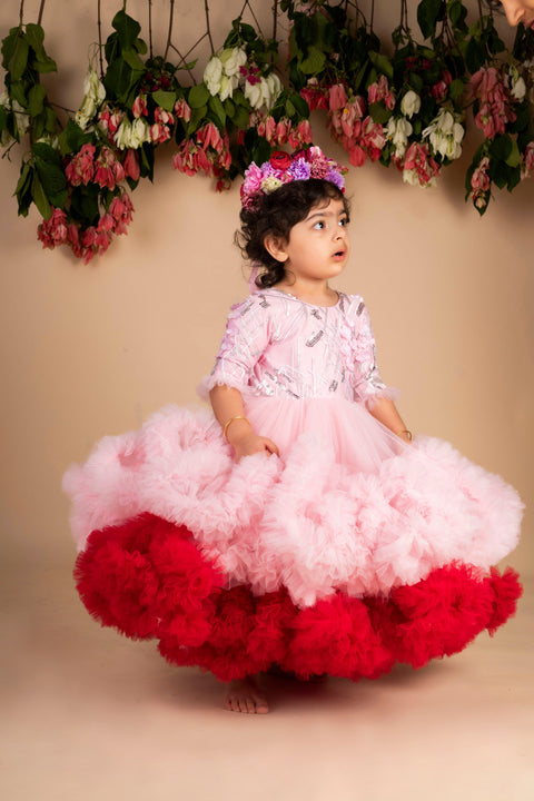 Pre-Order:  Pink Wine 3D Flower Ruffled Gown