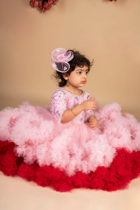 Pre-Order:  Pink Wine 3D Flower Ruffled Gown