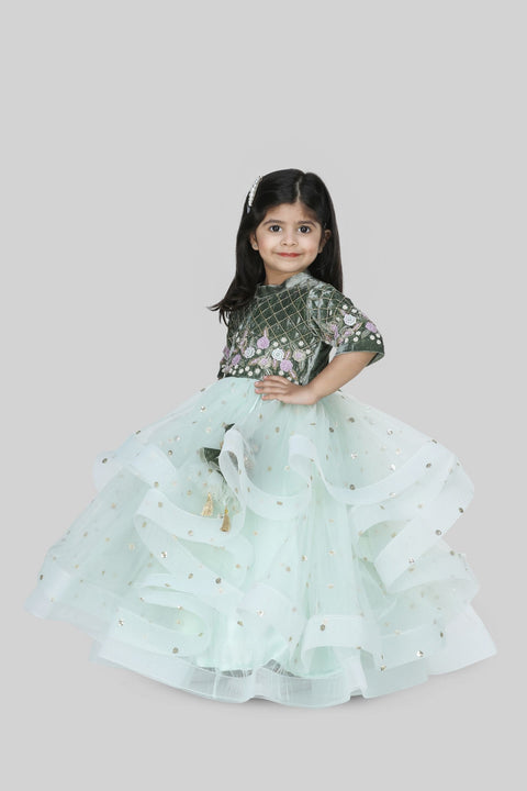 Pre-Order: Green Velvet Embroidered Top with Sequin Net Anarkali