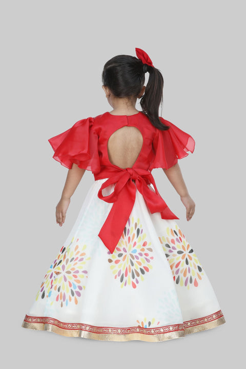 Pre-Order: Frilly Sleeves Red Top With Multi Colour Lehenga And Sing Bag