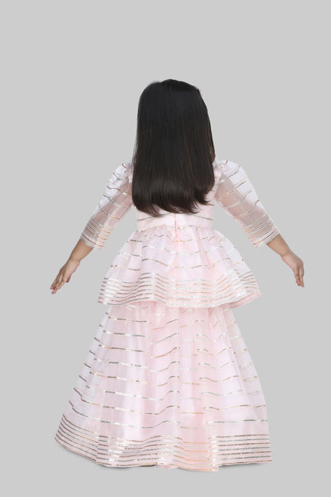 Pre-Order:  Baby Pink Lace Work Top With Lehenga And Dupatta