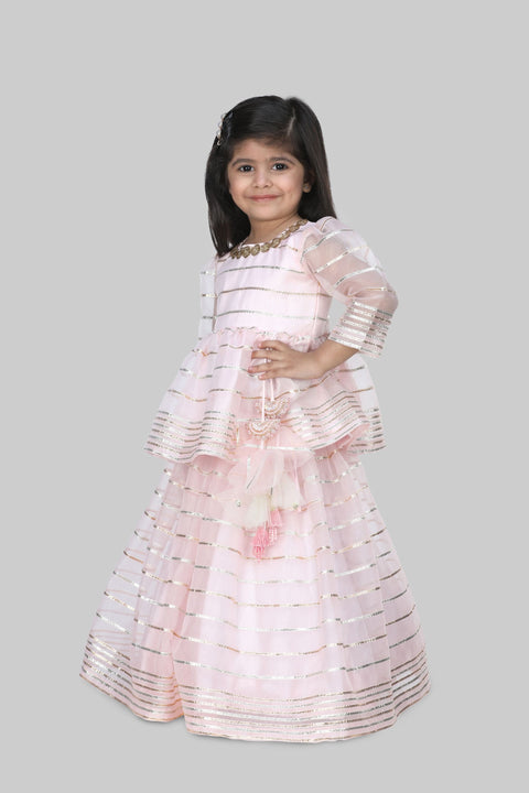 Pre-Order:  Baby Pink Lace Work Top With Lehenga And Dupatta