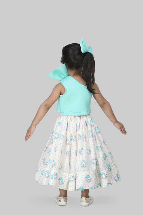Pre-Order: One Shoulder Top With Unicorn Printed Set And Hair Clip