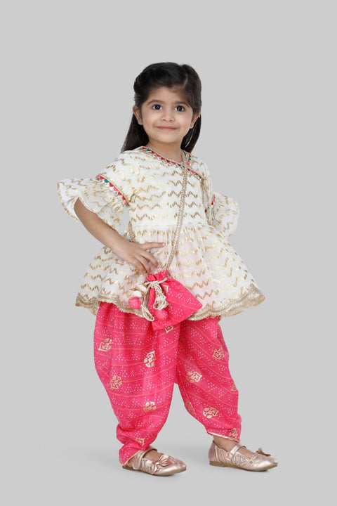 Pre-Order:   Peplum Top With Golden Work And Printed Dhoti With Matching Potli Bag