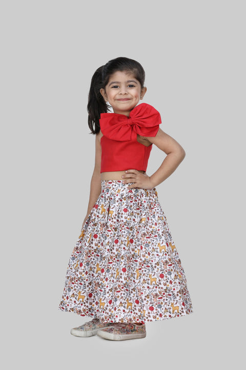 Pre-Order: Red Crop Top With Printed Short Skirt
