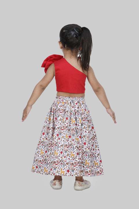 Pre-Order: Red Crop Top With Printed Short Skirt