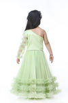 Pre-Order: Green One Shoulder Top With Frilly Lehenga And Dupatta