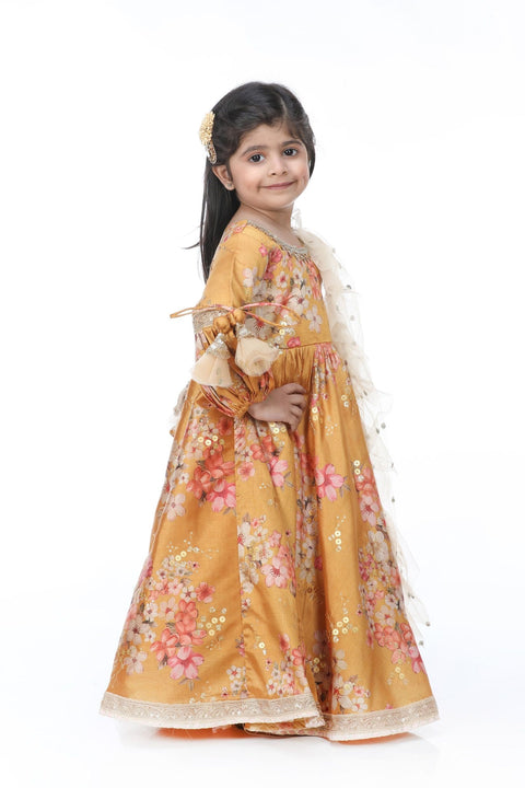 Pre-Order: Mustard printed with Embroidered Anarkali and Dupatta