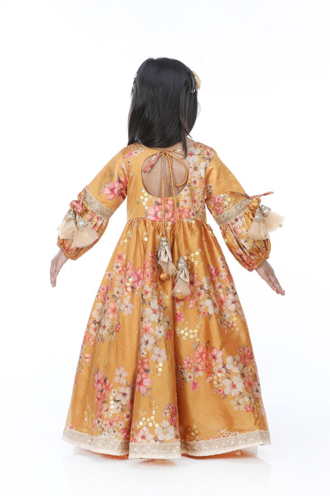 Pre-Order: Mustard printed with Embroidered Anarkali and Dupatta