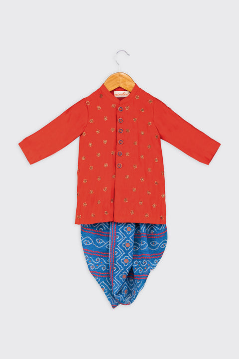 Pre-Order: Red Kurta with Hand Embroidered Bootis paired wit blue Bandhej Dhoti