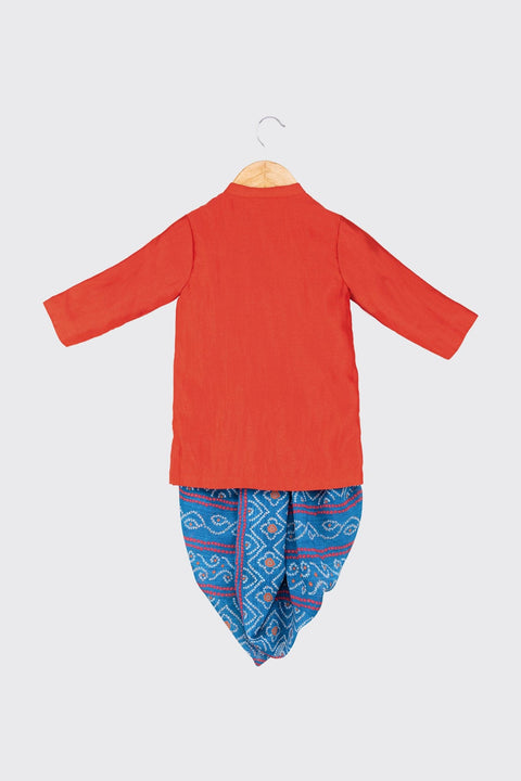 Pre-Order: Red Kurta with Hand Embroidered Bootis paired wit blue Bandhej Dhoti