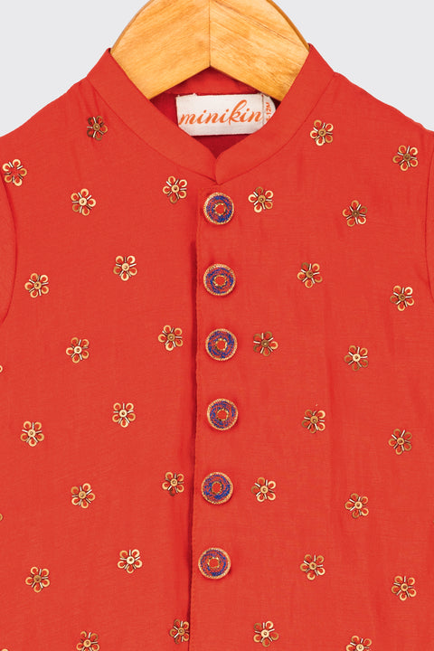 Pre-Order: Red Kurta with Hand Embroidered Bootis paired wit blue Bandhej Dhoti