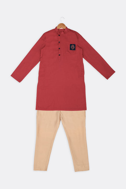 Pre-Order: Navy Blue Printed Jacket with Red Kurta Set