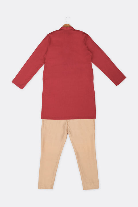 Pre-Order: Navy Blue Printed Jacket with Red Kurta Set