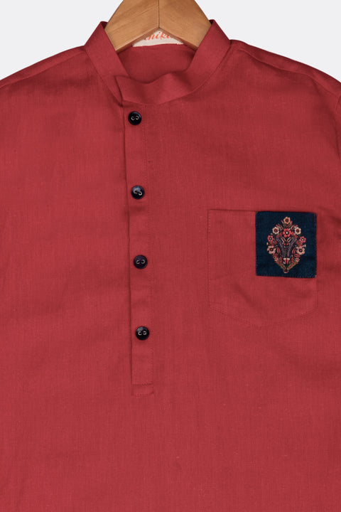 Pre-Order: Navy Blue Printed Jacket with Red Kurta Set