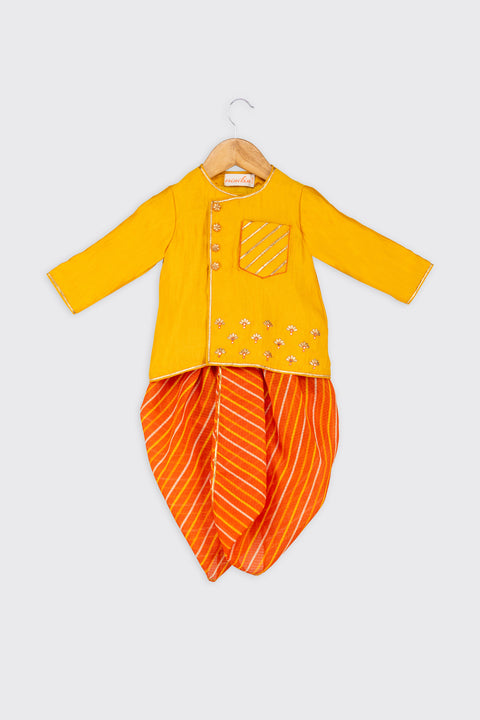 Pre-Order: Golden Yellow Gota Angarkha with Orange Leheriya Dhoti