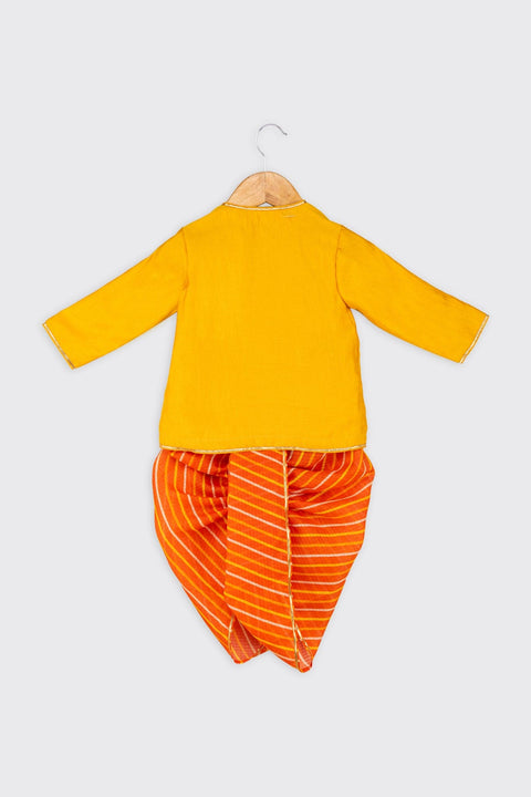 Pre-Order: Golden Yellow Gota Angarkha with Orange Leheriya Dhoti