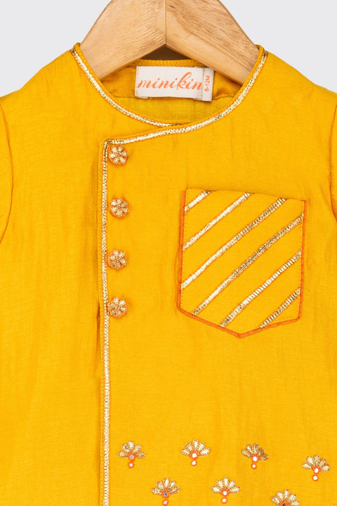 Pre-Order: Golden Yellow Gota Angarkha with Orange Leheriya Dhoti