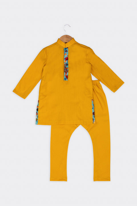Pre-Order: Sea Green Digital Print Jacket with Golden Yellow Kurta Churidar