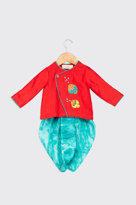 Pre-Order: Red Cotton Silk Angarkha with Hand Embroidered Fist Motifs paired with Chanderi Tie and Dye Print Dhoti