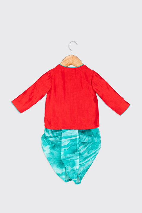 Pre-Order: Red Cotton Silk Angarkha with Hand Embroidered Fist Motifs paired with Chanderi Tie and Dye Print Dhoti