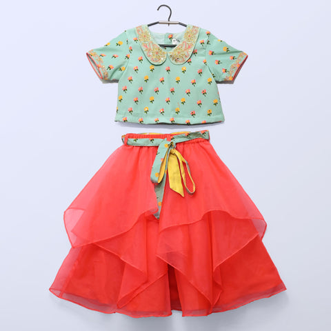 Pre-Order: Aqua Green Printed Blouse/Pan Embroidered Collar and Asymmetrical Peach Ghagra with Printed Belt