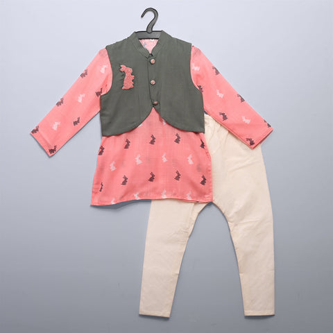 Pre-Order: Bunny Embroidered Jacket Printed Kurta Set
