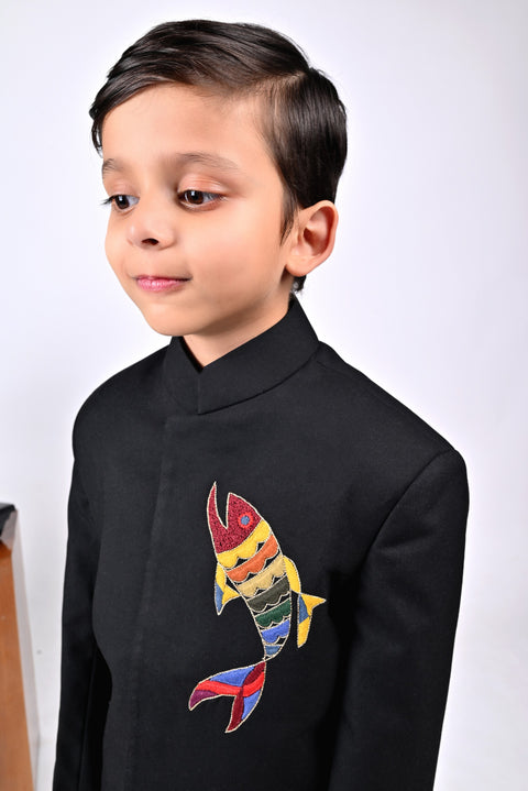 Pre-Order: Black Prince Coat with Fish Embroidered Colourful Butta Set