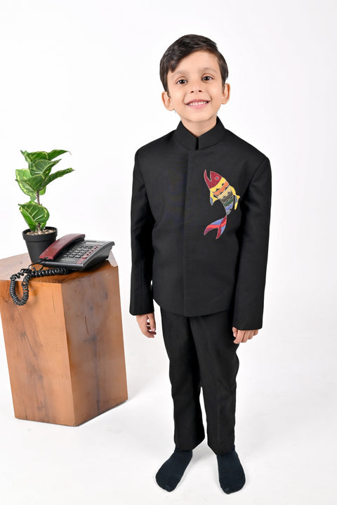 Pre-Order: Black Prince Coat with Fish Embroidered Colourful Butta Set
