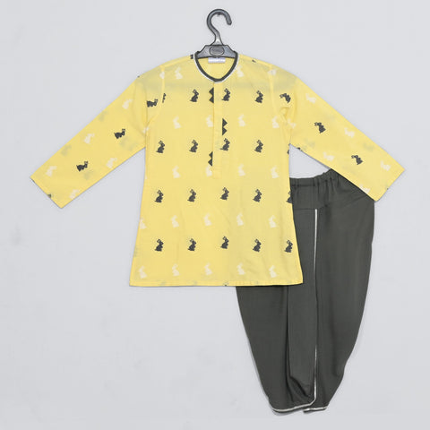 Pre-Order: Yellow Bunny Printed Kurta/Dhoti Set