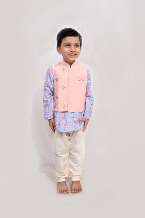 Pre-Order: Blue Printed Kurta with Flying Bird Embroidered Pink Nehru Jacket Set